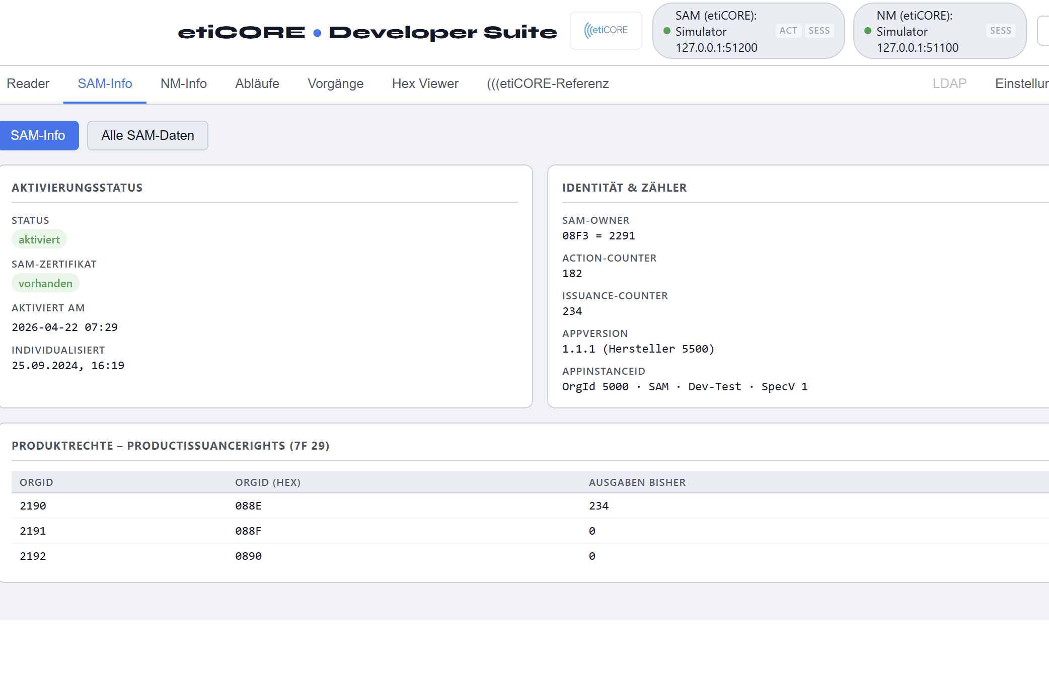 etiCORE Developer Suite — SAM-Info Übersicht mit Simulator-Status