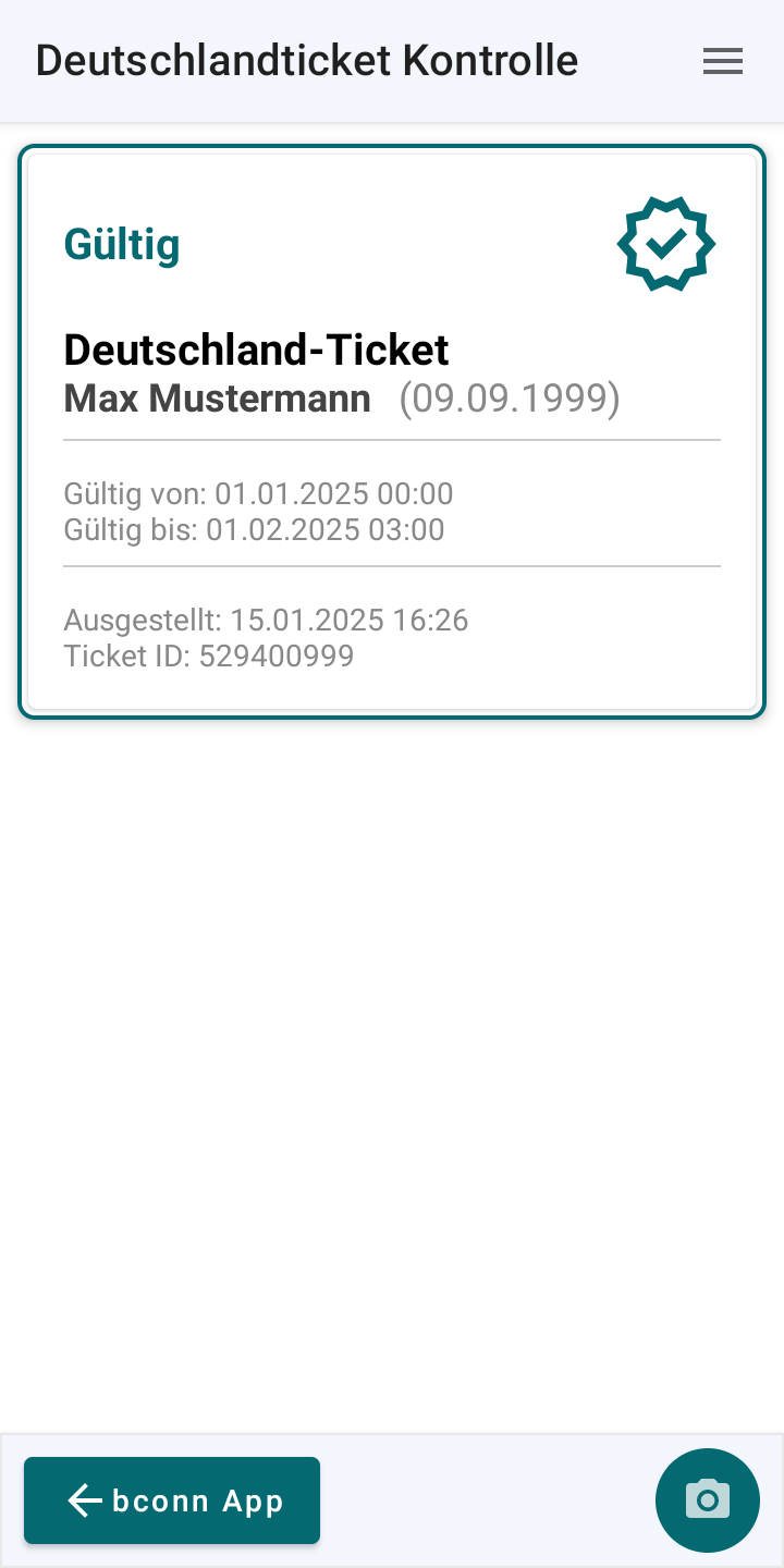Deutschlandticket-Kontroll-App: Anzeige des Prüfergebnisses
