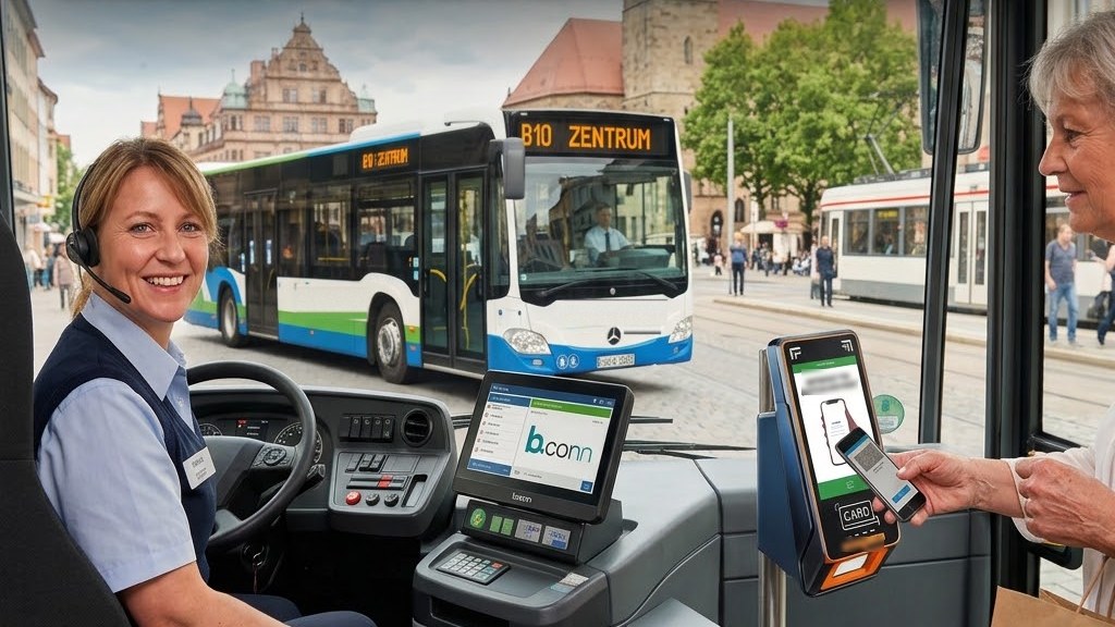 Busfahrerin am Verkaufsterminal, daneben eine Fahrgästin, die ihr Smartphone an die Kontrollsäule hält