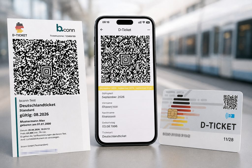 Papierticket, Deutschlandticket auf dem Smartphone und Chipkarte nebeneinander an einer Haltestelle