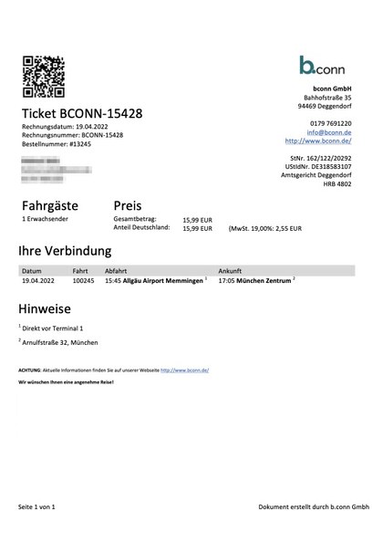 Musterticket als PDF: QR-Code und Ticketnummer im Kopf, darunter Fahrgäste, Preis und Verbindung; die Fahrgastdaten sind unkenntlich gemacht